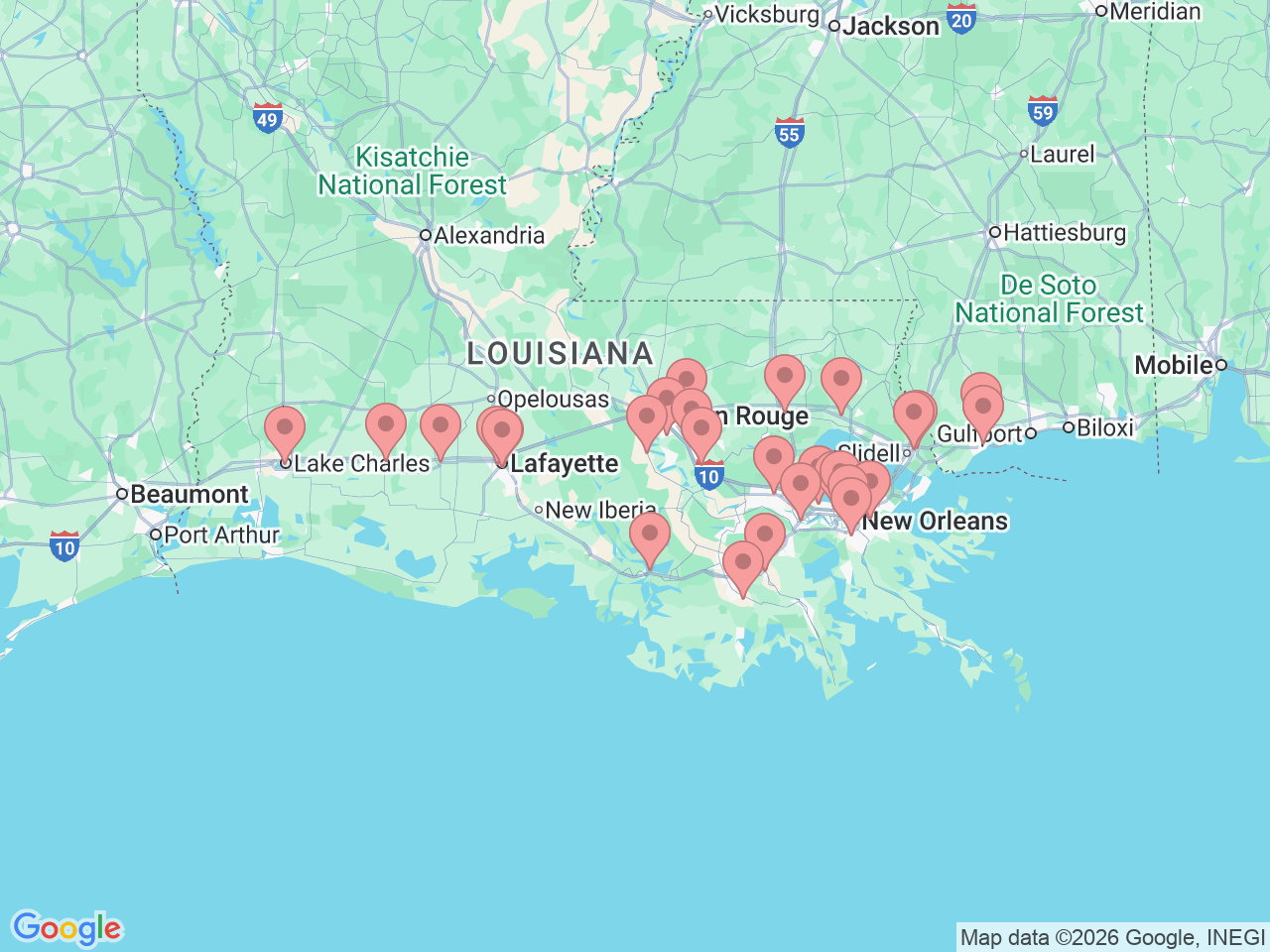 Map of Ochsner-affiliated facilities that provide services related to Urology
