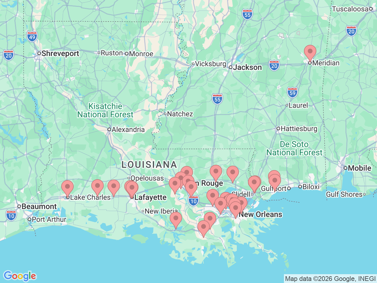 Map of Ochsner-affiliated facilities that provide services related to Urology