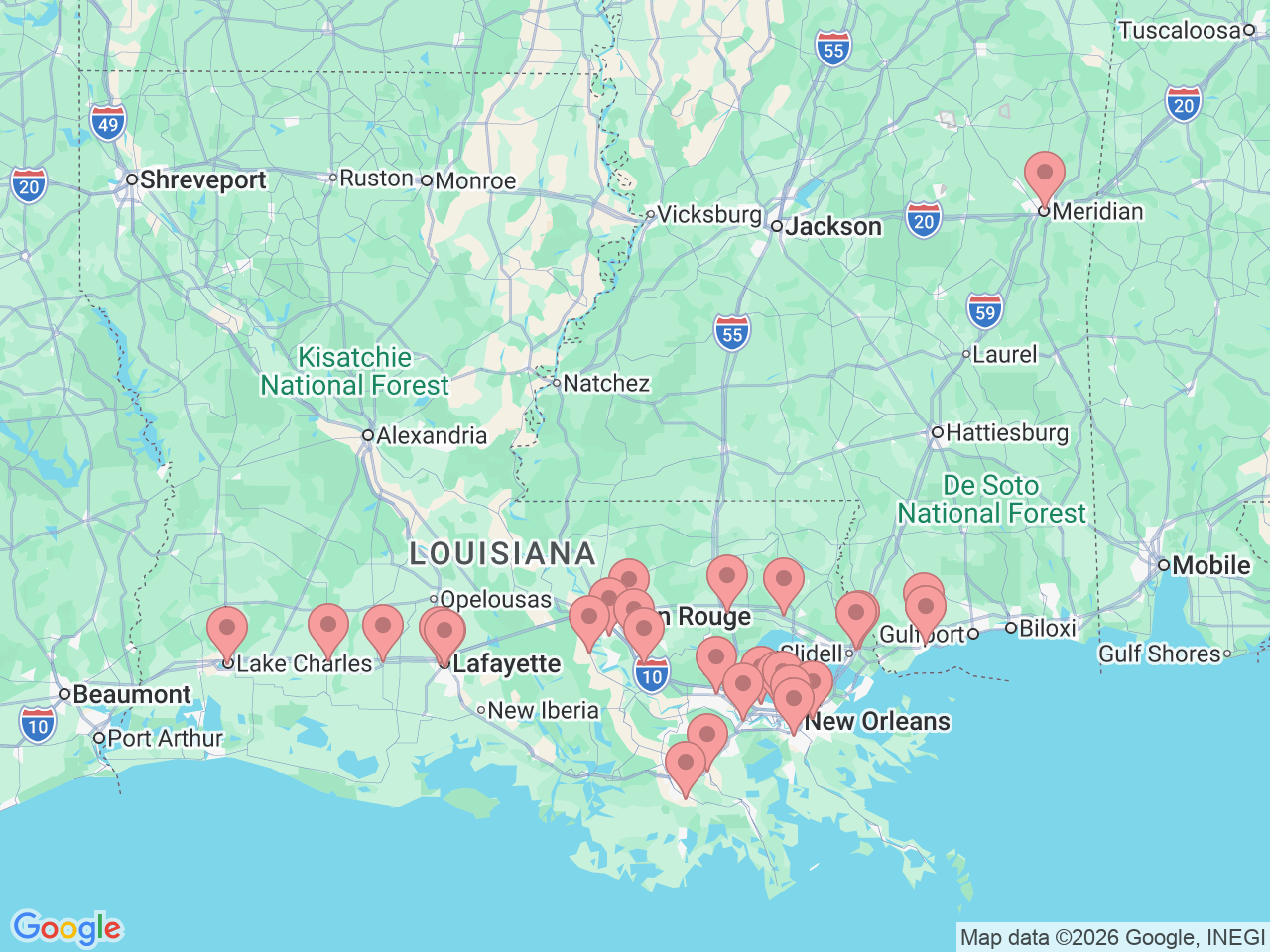 Map of Ochsner-affiliated facilities that provide services related to Urology