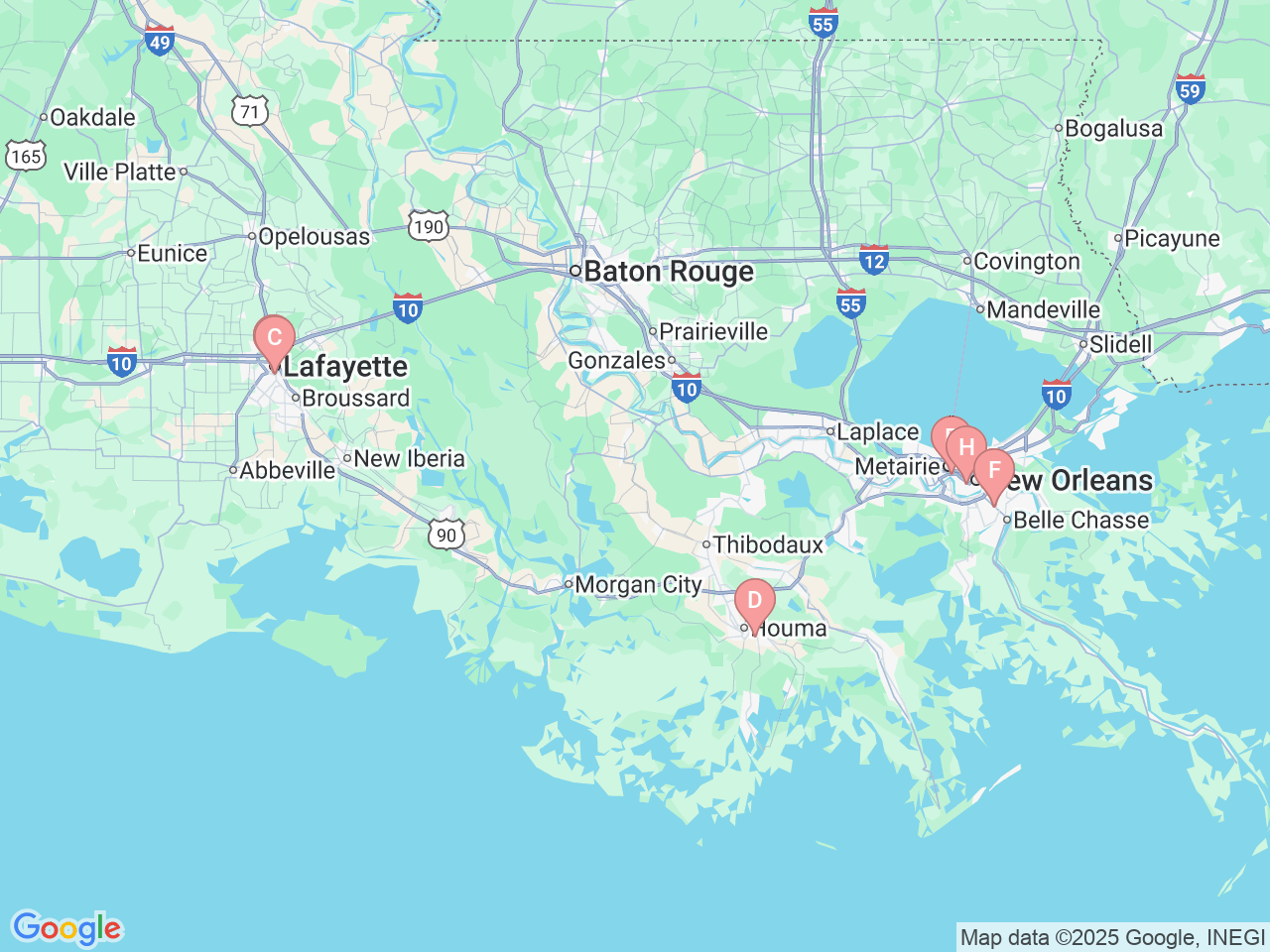 Map of Ochsner-affiliated facilities that provide services related to Vascular and Endovascular Surgery