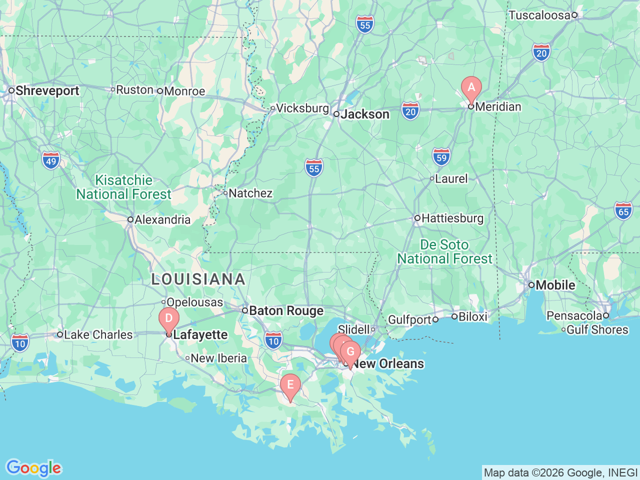 Map of Ochsner-affiliated facilities that provide services related to Vascular and Endovascular Surgery