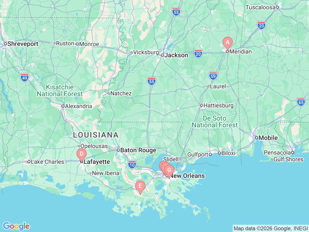 Map of Ochsner-affiliated facilities that provide services related to Vascular and Endovascular Surgery