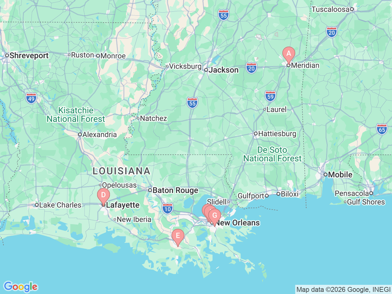 Map of Ochsner-affiliated facilities that provide services related to Vascular and Endovascular Surgery