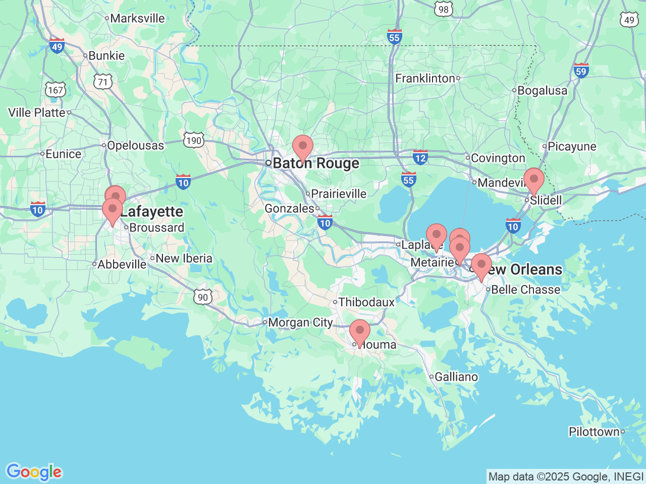 Map of Ochsner-affiliated facilities that provide services related to Vascular Medicine