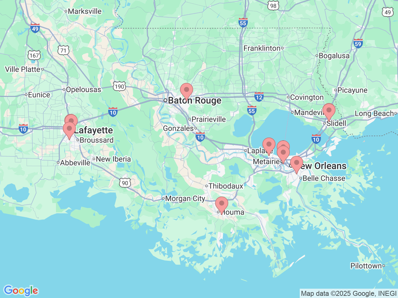 Map of Ochsner-affiliated facilities that provide services related to Vascular Medicine