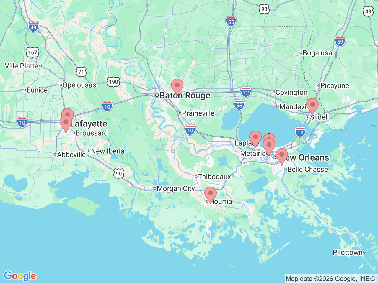 Map of Ochsner-affiliated facilities that provide services related to Vascular Medicine