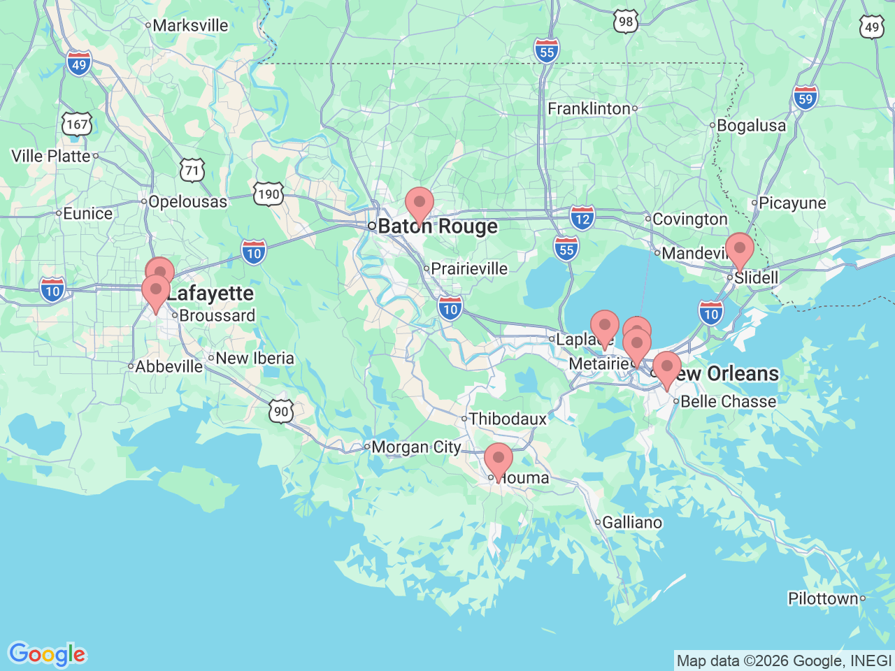 Map of Ochsner-affiliated facilities that provide services related to Vascular Medicine