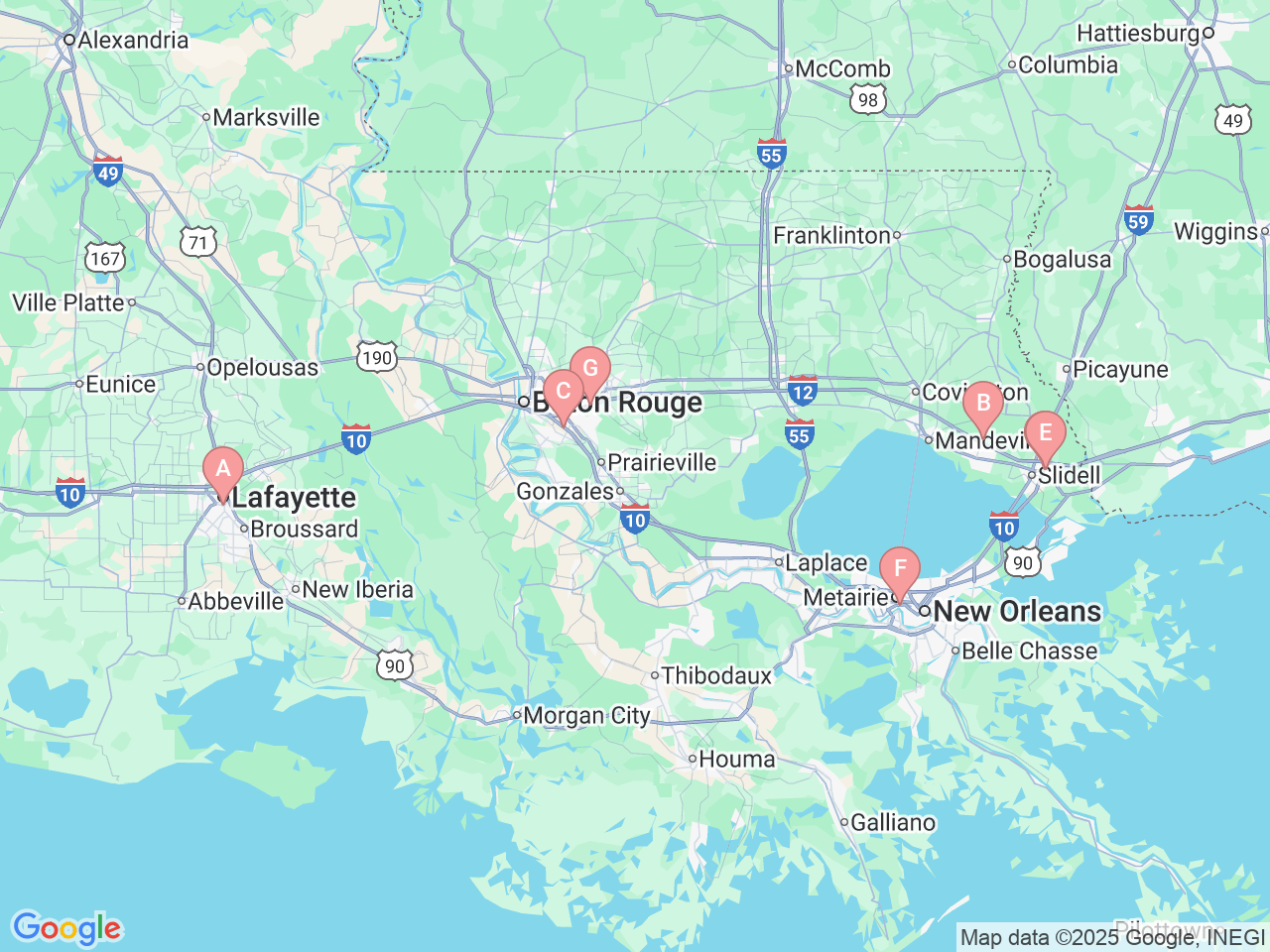Map of Ochsner-affiliated facilities that provide services related to Vascular Neurology (Stroke)