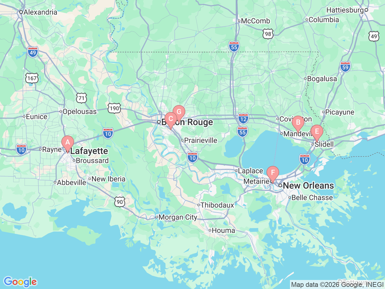 Map of Ochsner-affiliated facilities that provide services related to Vascular Neurology (Stroke)