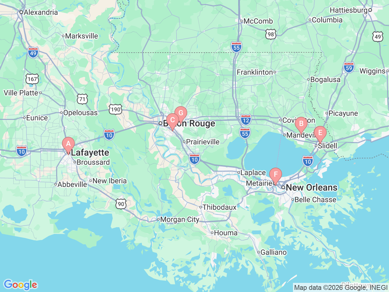 Map of Ochsner-affiliated facilities that provide services related to Vascular Neurology (Stroke)