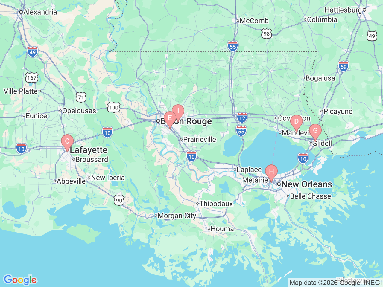 Map of Ochsner-affiliated facilities that provide services related to Vascular Neurology (Stroke)