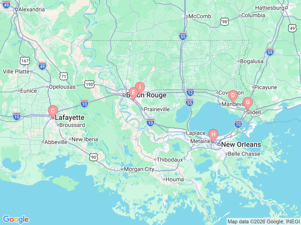 Map of Ochsner-affiliated facilities that provide services related to Vascular Neurology (Stroke)