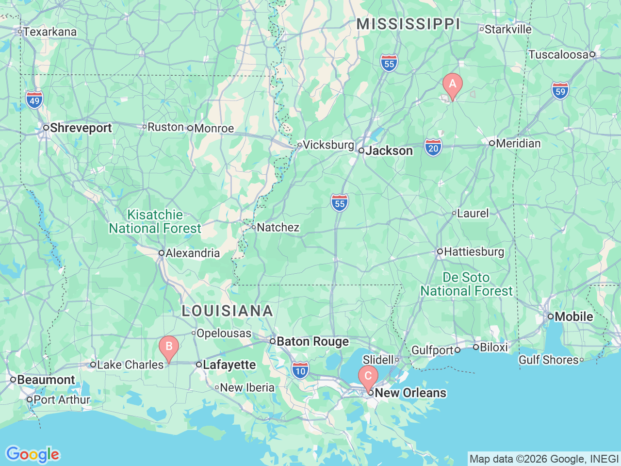 Map of Ochsner-affiliated facilities that provide services related to Vein Care