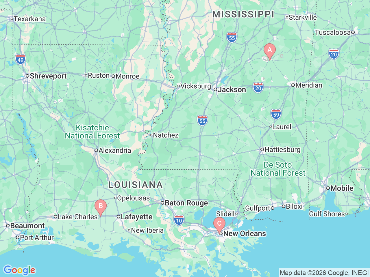 Map of Ochsner-affiliated facilities that provide services related to Vein Care