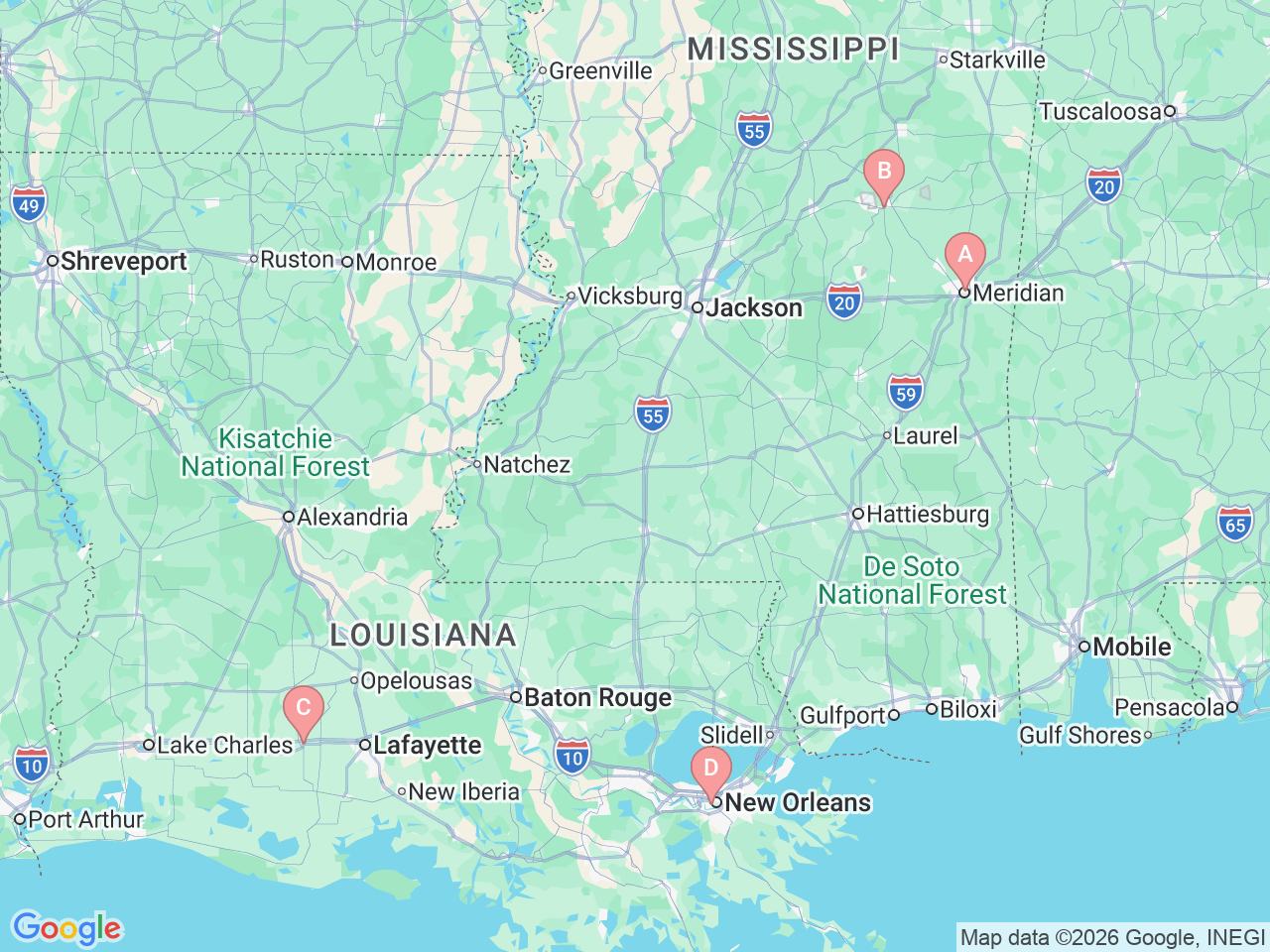 Map of Ochsner-affiliated facilities that provide services related to Vein Care