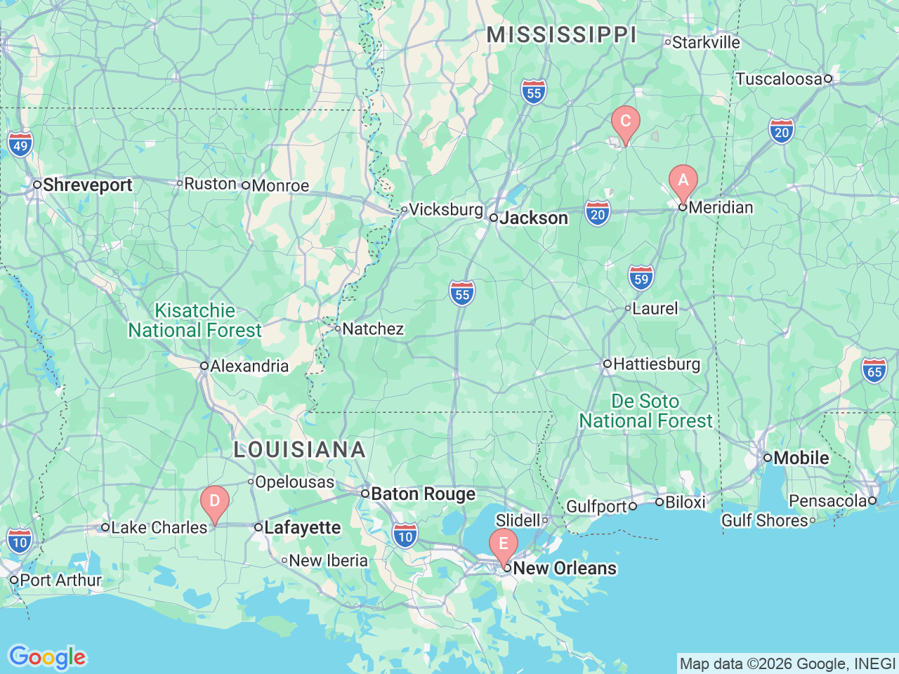 Map of Ochsner-affiliated facilities that provide services related to Vein Care