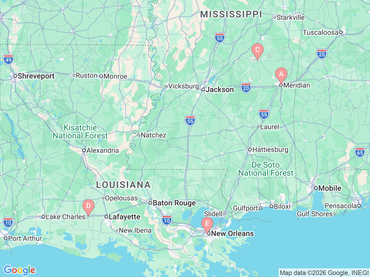 Map of Ochsner-affiliated facilities that provide services related to Vein Care