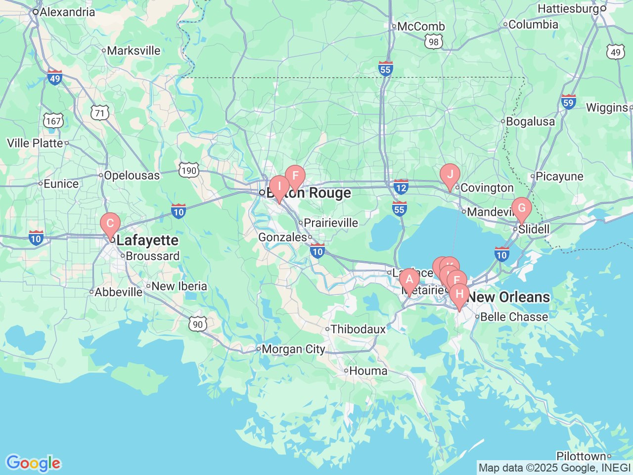 Map of Ochsner-affiliated facilities that provide services related to Vision Center