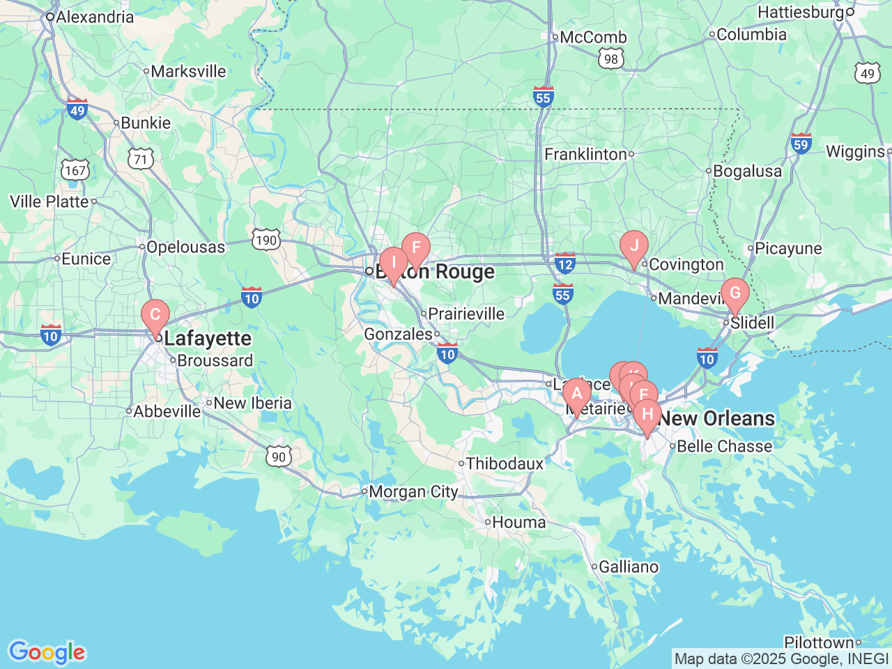 Map of Ochsner-affiliated facilities that provide services related to Vision Center