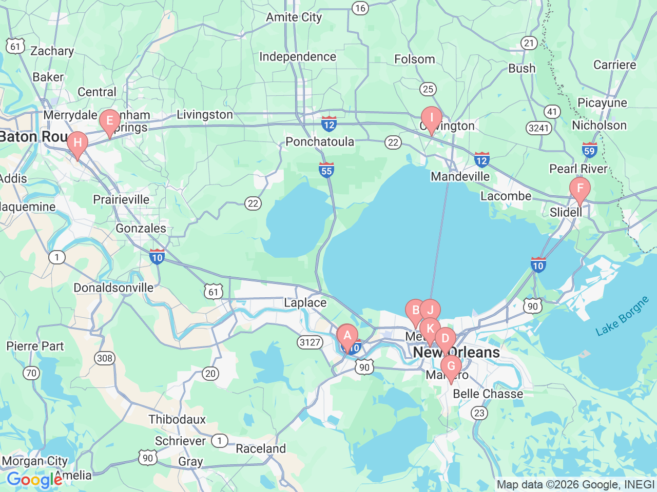 Map of Ochsner-affiliated facilities that provide services related to Vision Center