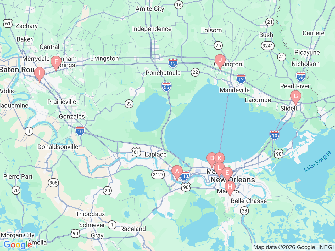 Map of Ochsner-affiliated facilities that provide services related to Vision Center