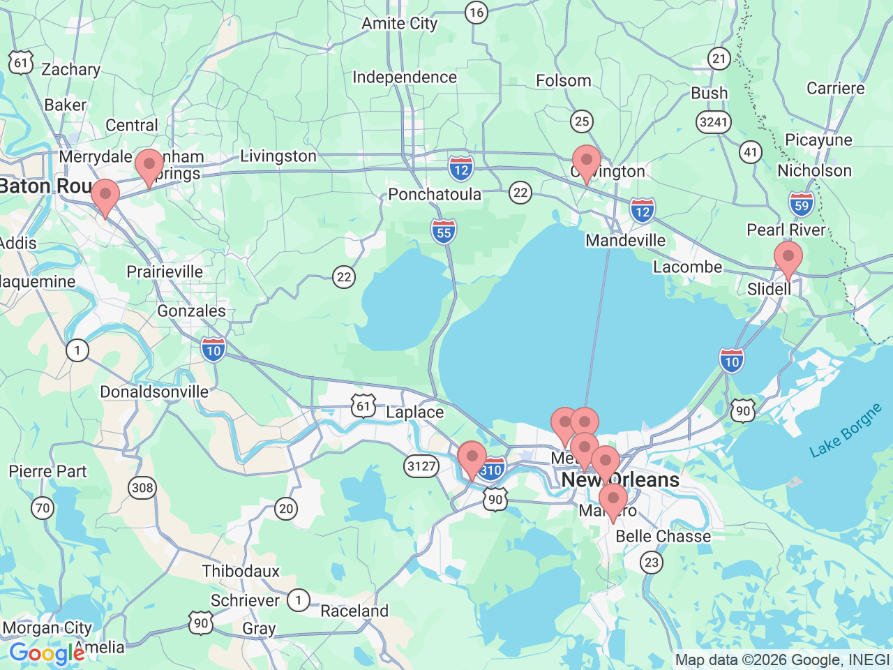 Map of Ochsner-affiliated facilities that provide services related to Vision Center