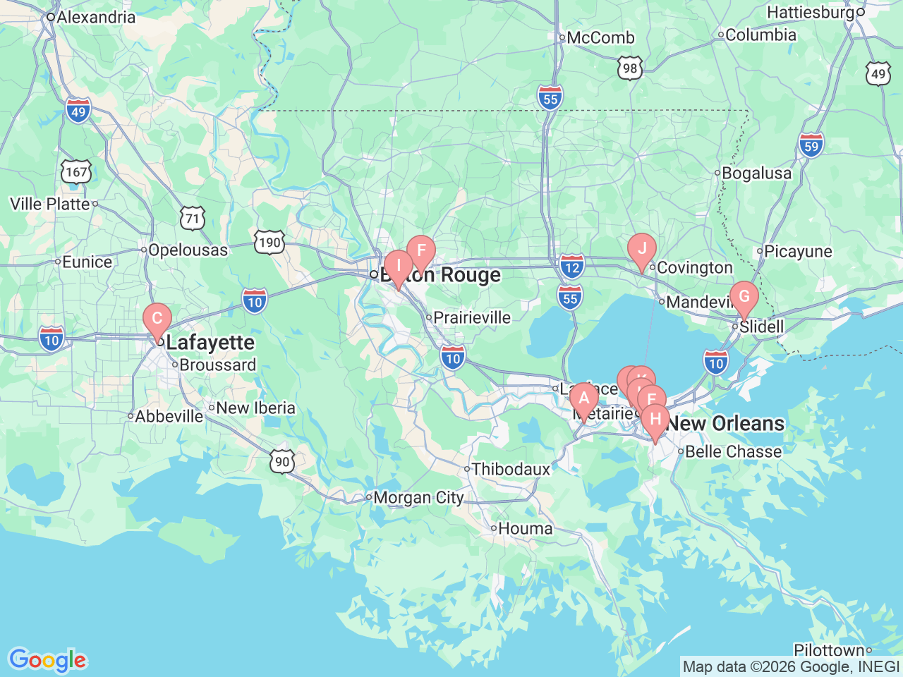 Map of Ochsner-affiliated facilities that provide services related to Vision Center