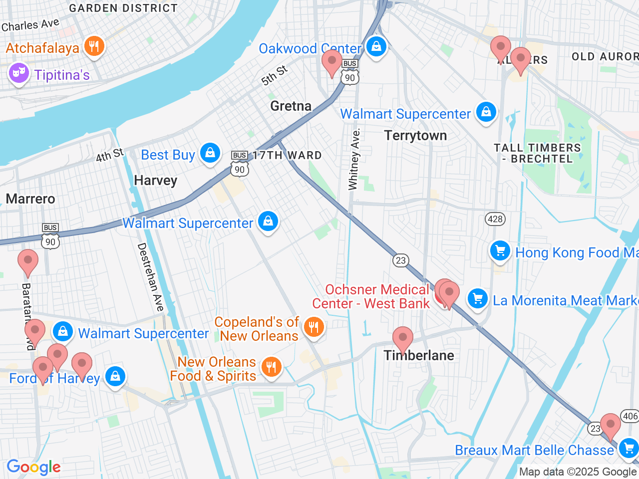 Map of Ochsner-affiliated facilities that provide services related to West Bank