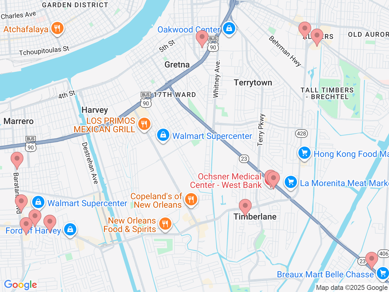 Map of Ochsner-affiliated facilities that provide services related to West Bank