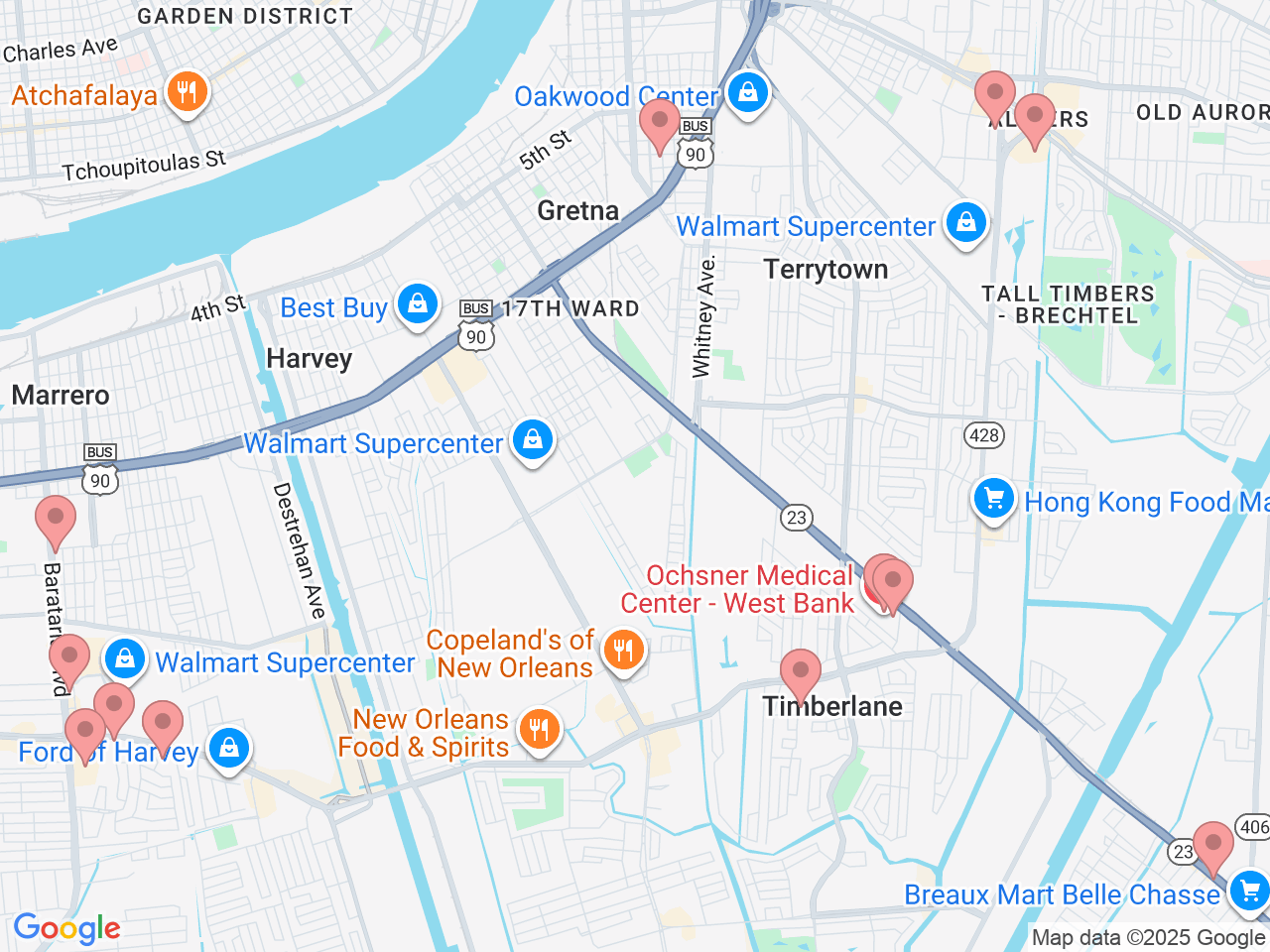 Map of Ochsner-affiliated facilities that provide services related to West Bank