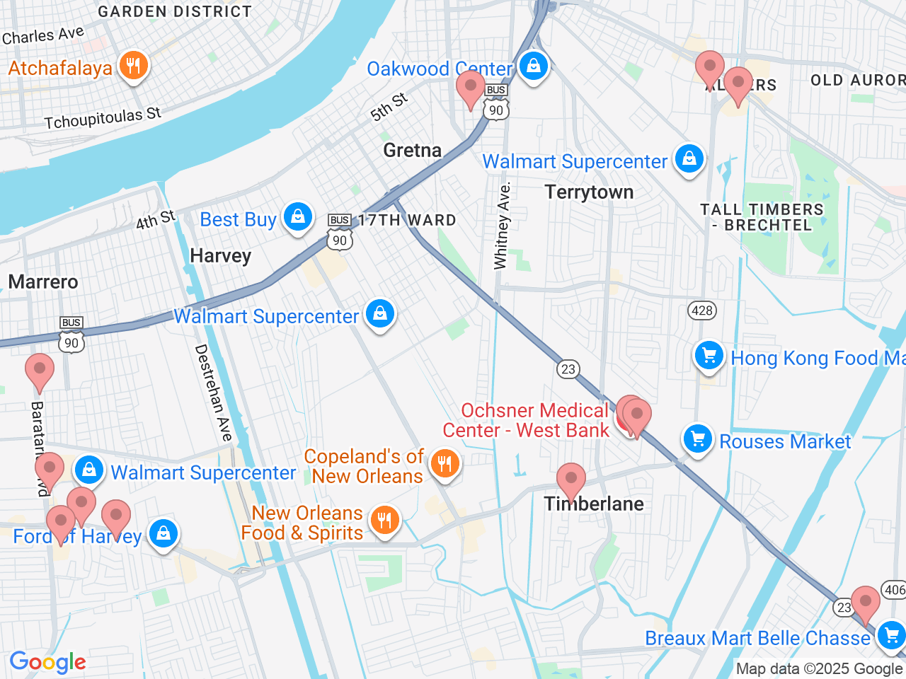 Map of Ochsner-affiliated facilities that provide services related to West Bank
