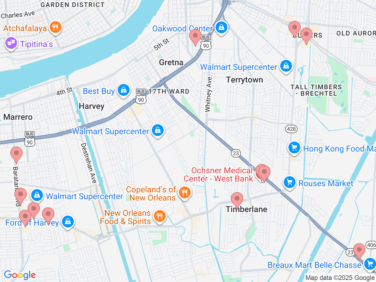 Map of Ochsner-affiliated facilities that provide services related to West Bank