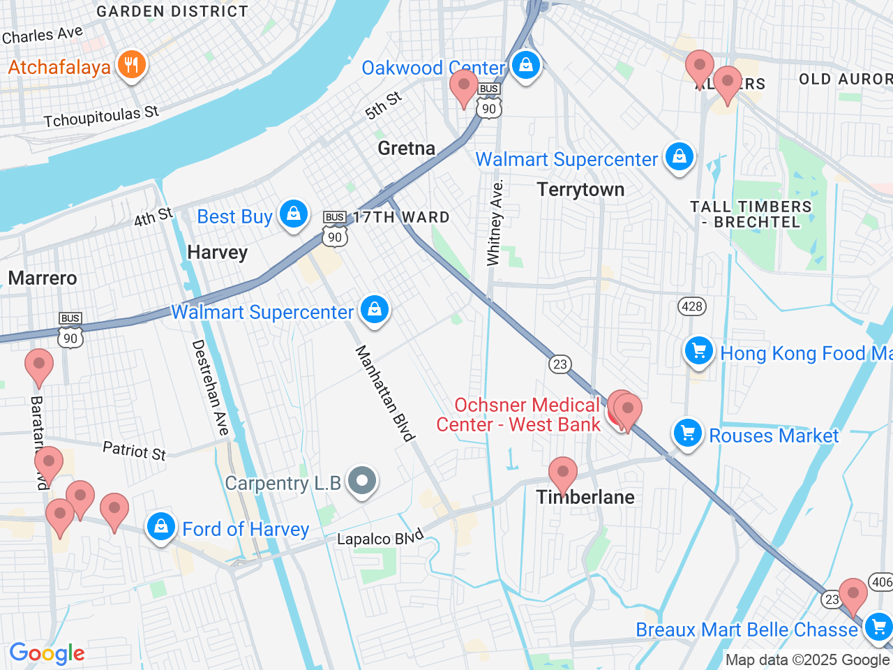 Map of Ochsner-affiliated facilities that provide services related to West Bank