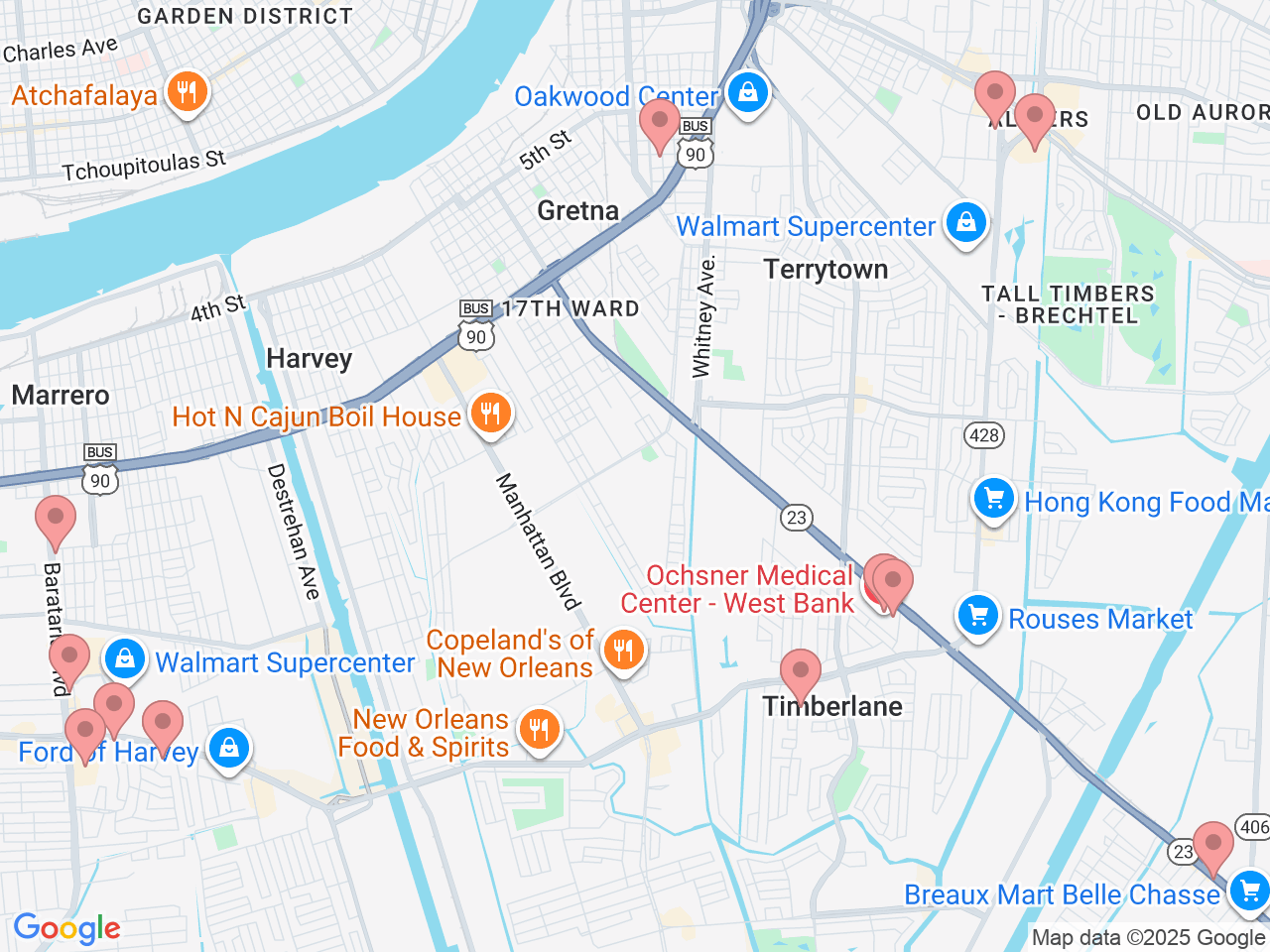 Map of Ochsner-affiliated facilities that provide services related to West Bank