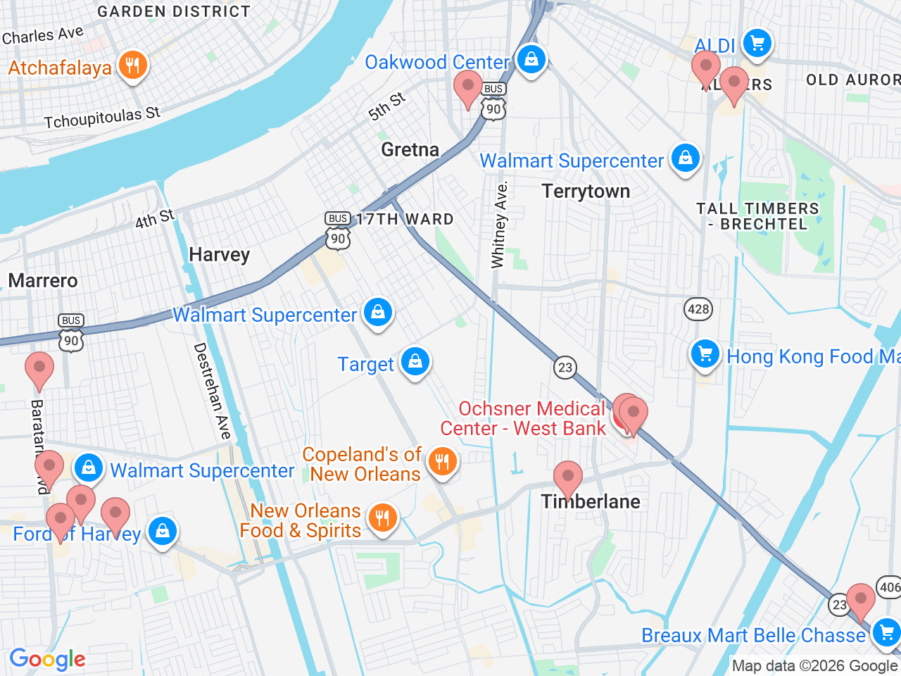 Map of Ochsner-affiliated facilities that provide services related to West Bank