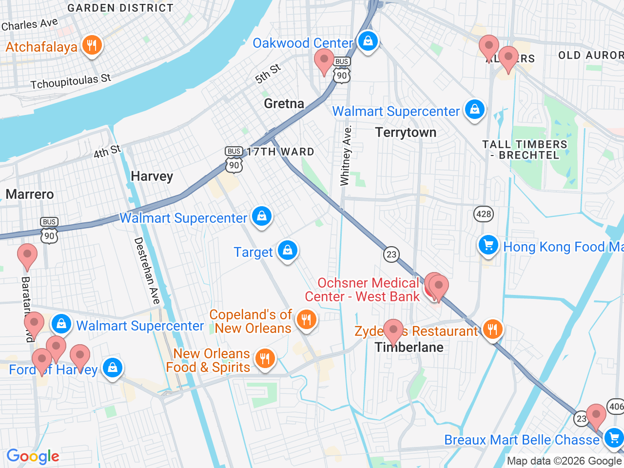 Map of Ochsner-affiliated facilities that provide services related to West Bank