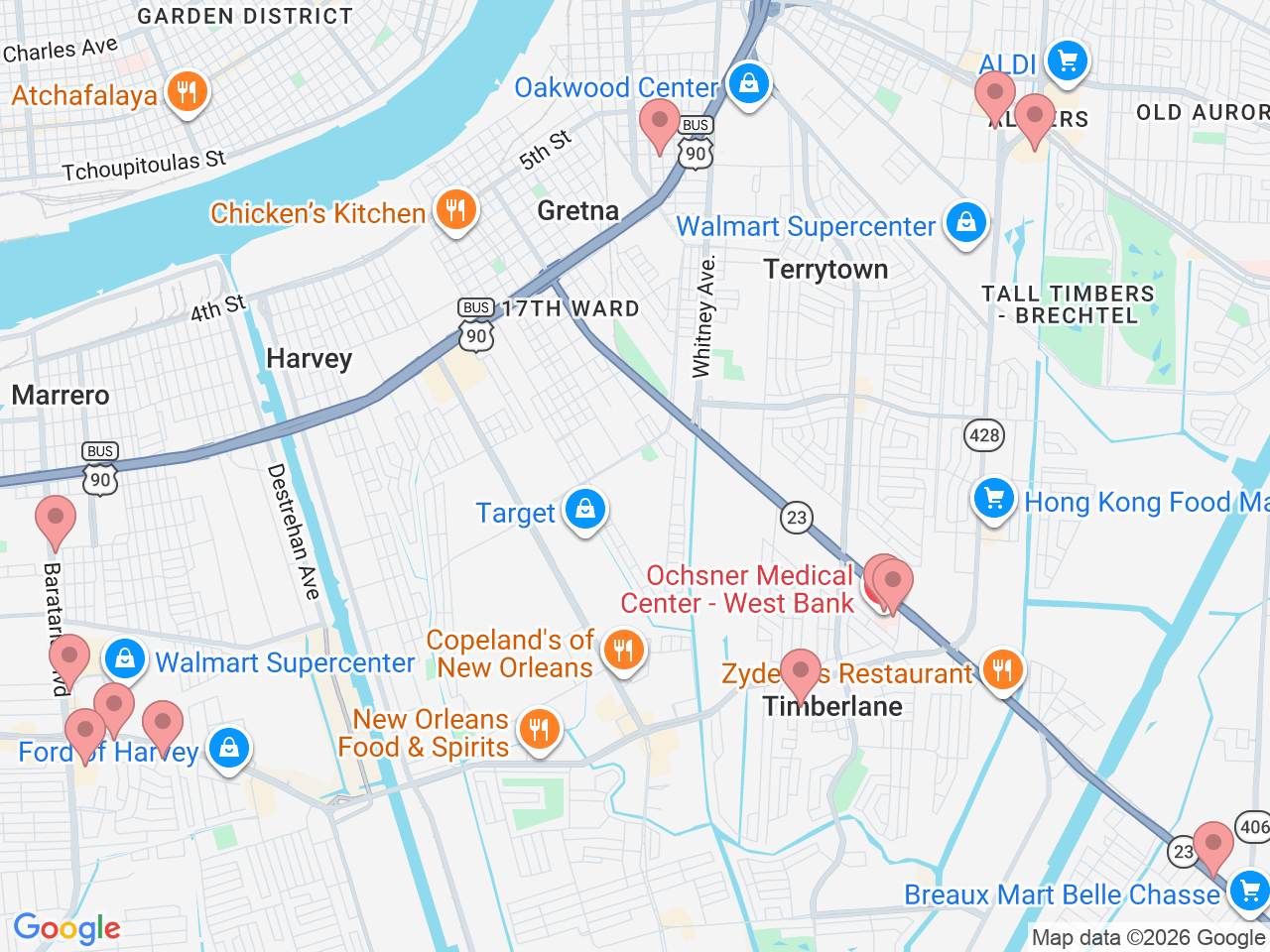 Map of Ochsner-affiliated facilities that provide services related to West Bank