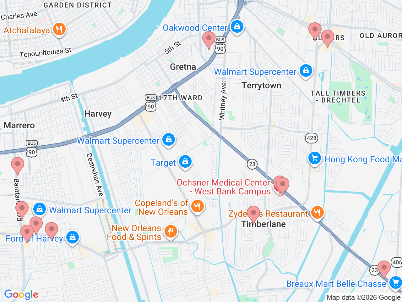 Map of Ochsner-affiliated facilities that provide services related to West Bank