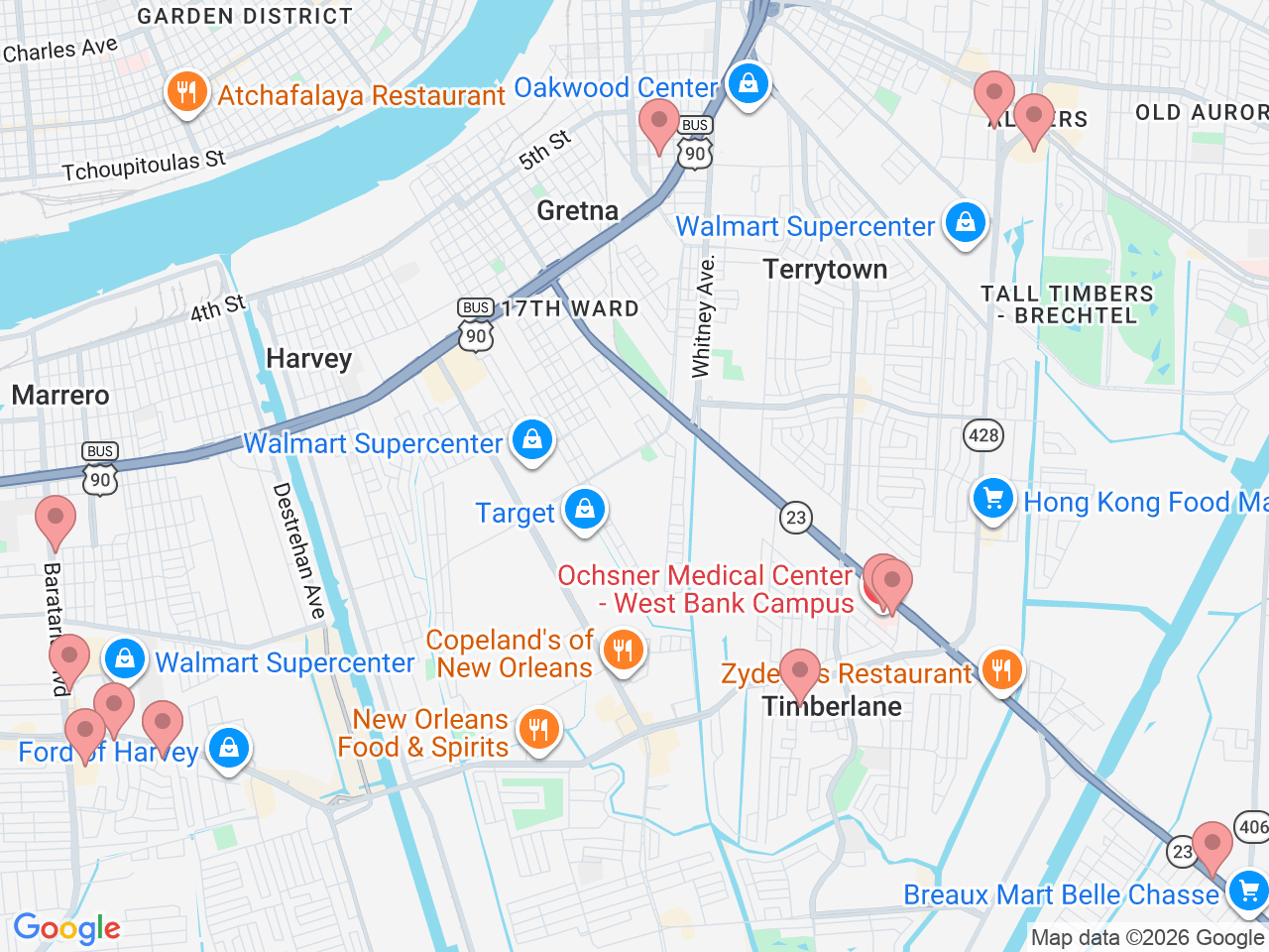 Map of Ochsner-affiliated facilities that provide services related to West Bank