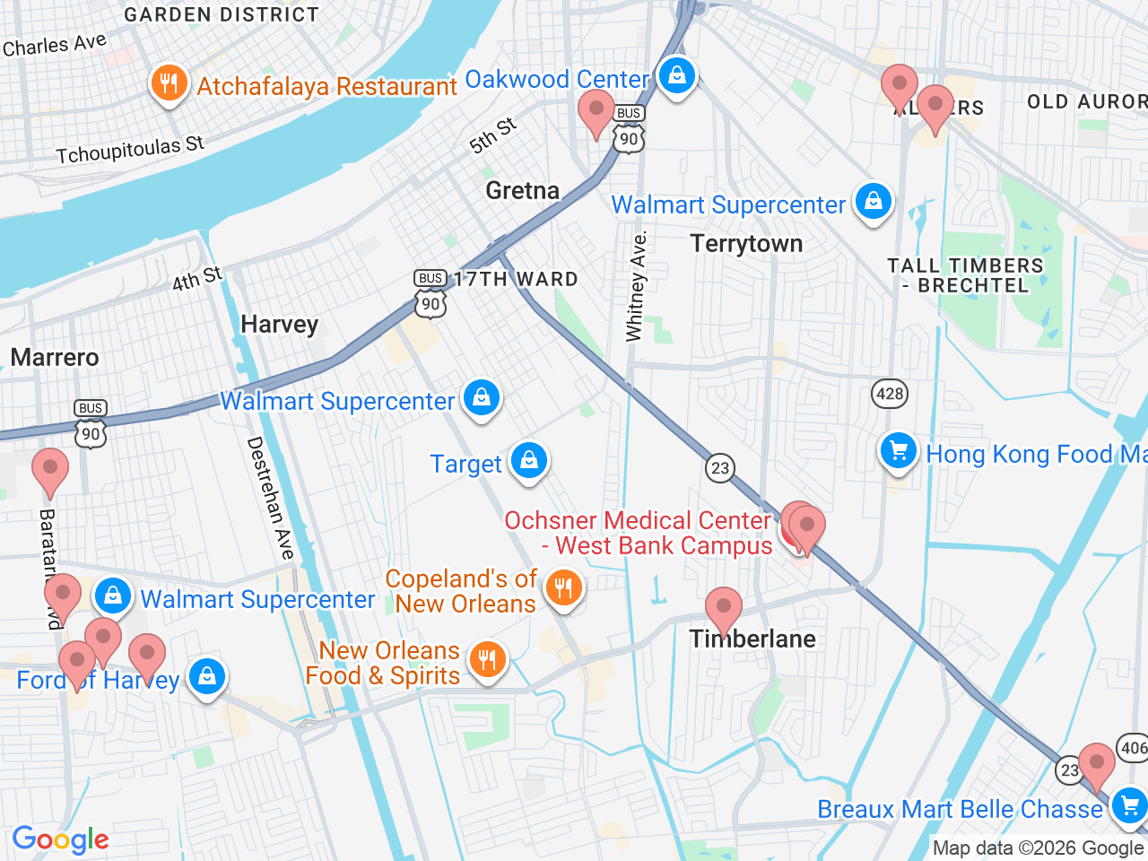 Map of Ochsner-affiliated facilities that provide services related to West Bank