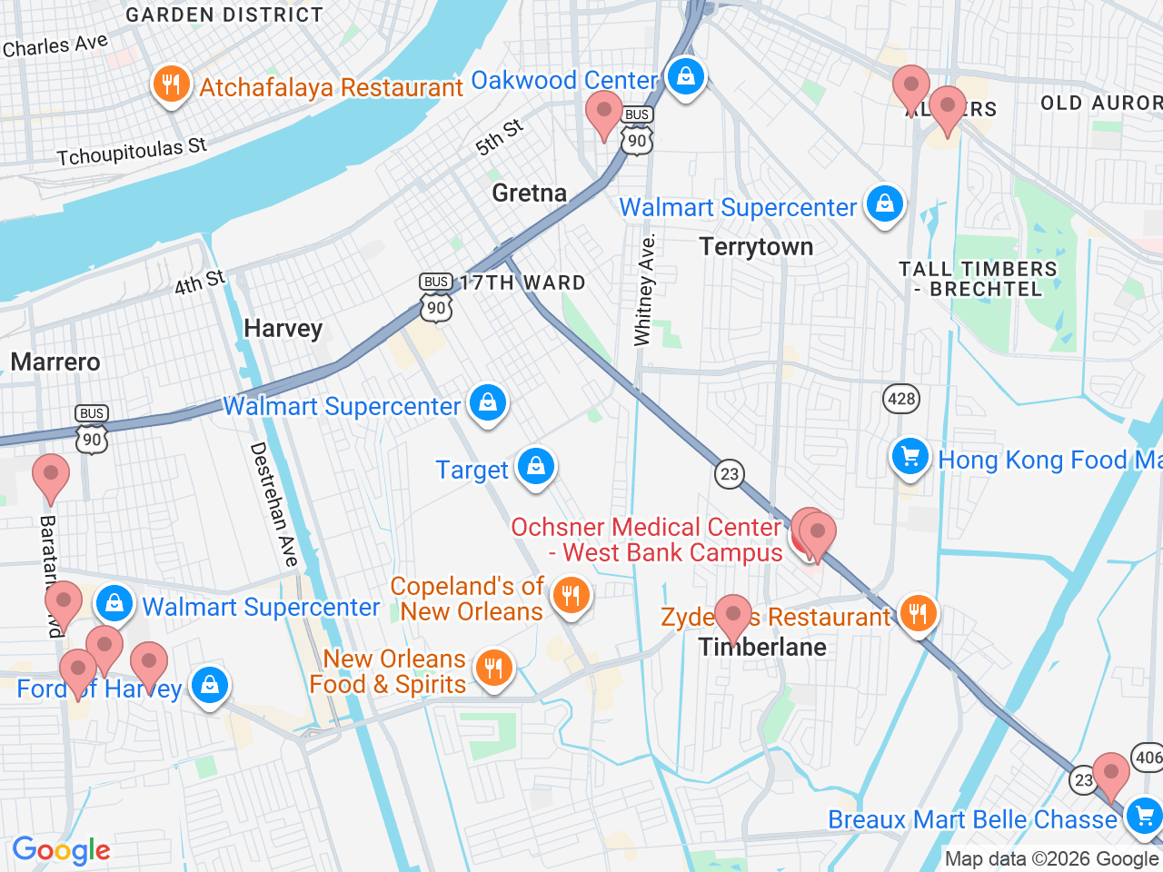 Map of Ochsner-affiliated facilities that provide services related to West Bank