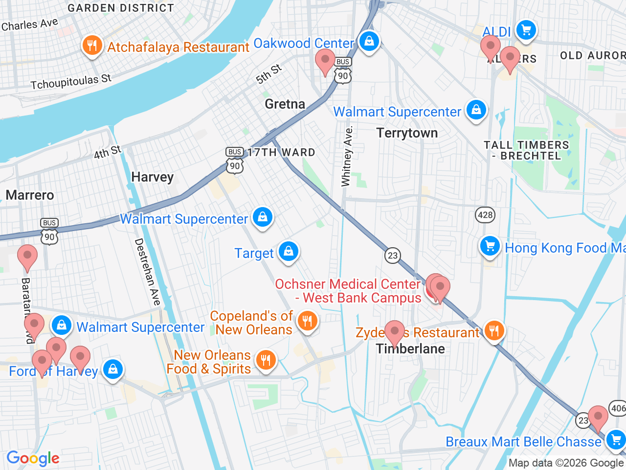 Map of Ochsner-affiliated facilities that provide services related to West Bank