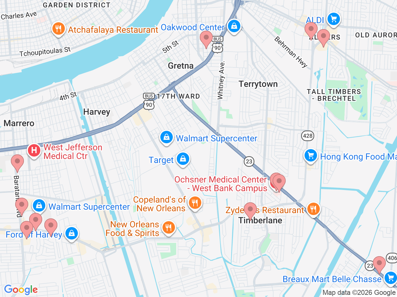 Map of Ochsner-affiliated facilities that provide services related to West Bank