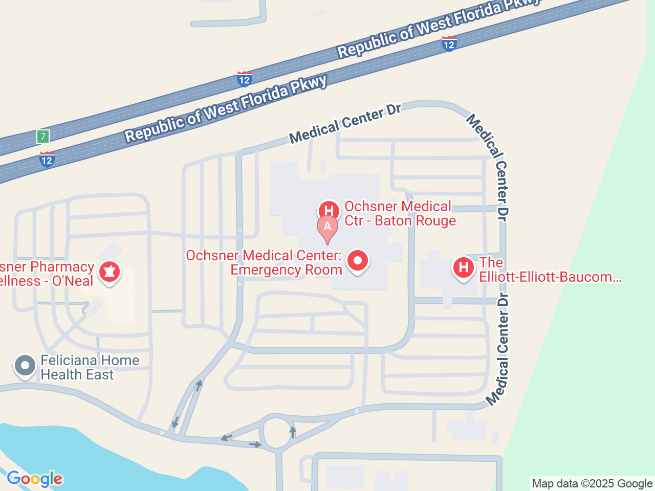 Map of Ochsner-affiliated facilities that provide services related to Family Birthing Services: Baton Rouge