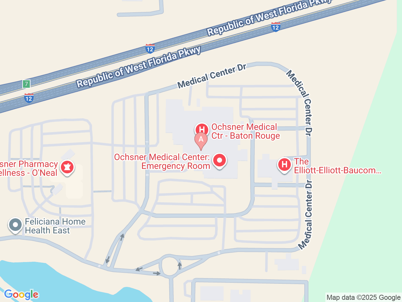 Map of Ochsner-affiliated facilities that provide services related to Family Birthing Services: Baton Rouge