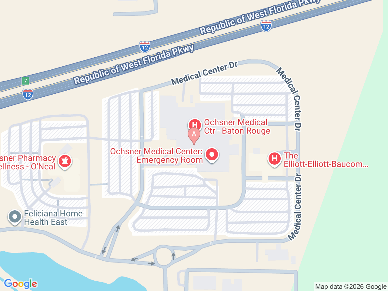 Map of Ochsner-affiliated facilities that provide services related to Family Birthing Services: Baton Rouge