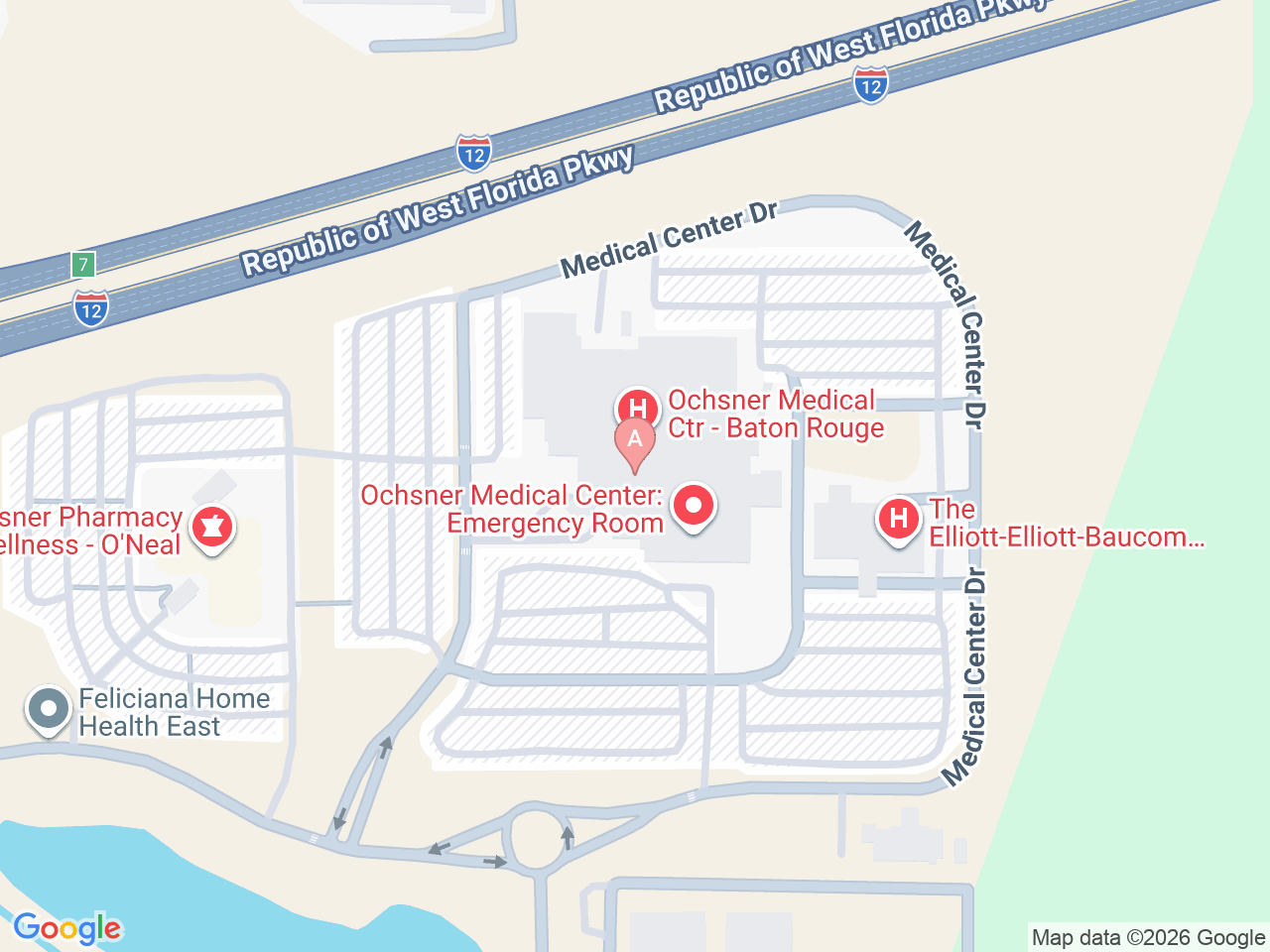 Map of Ochsner-affiliated facilities that provide services related to Family Birthing Services: Baton Rouge