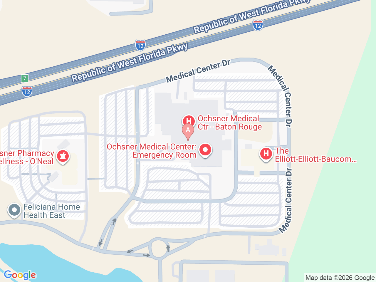 Map of Ochsner-affiliated facilities that provide services related to Family Birthing Services: Baton Rouge