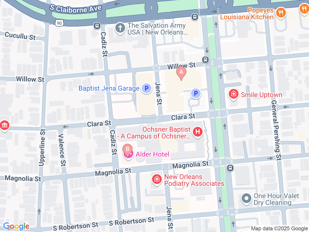 Map of Ochsner-affiliated facilities that provide services related to Women’s Cardiology Care