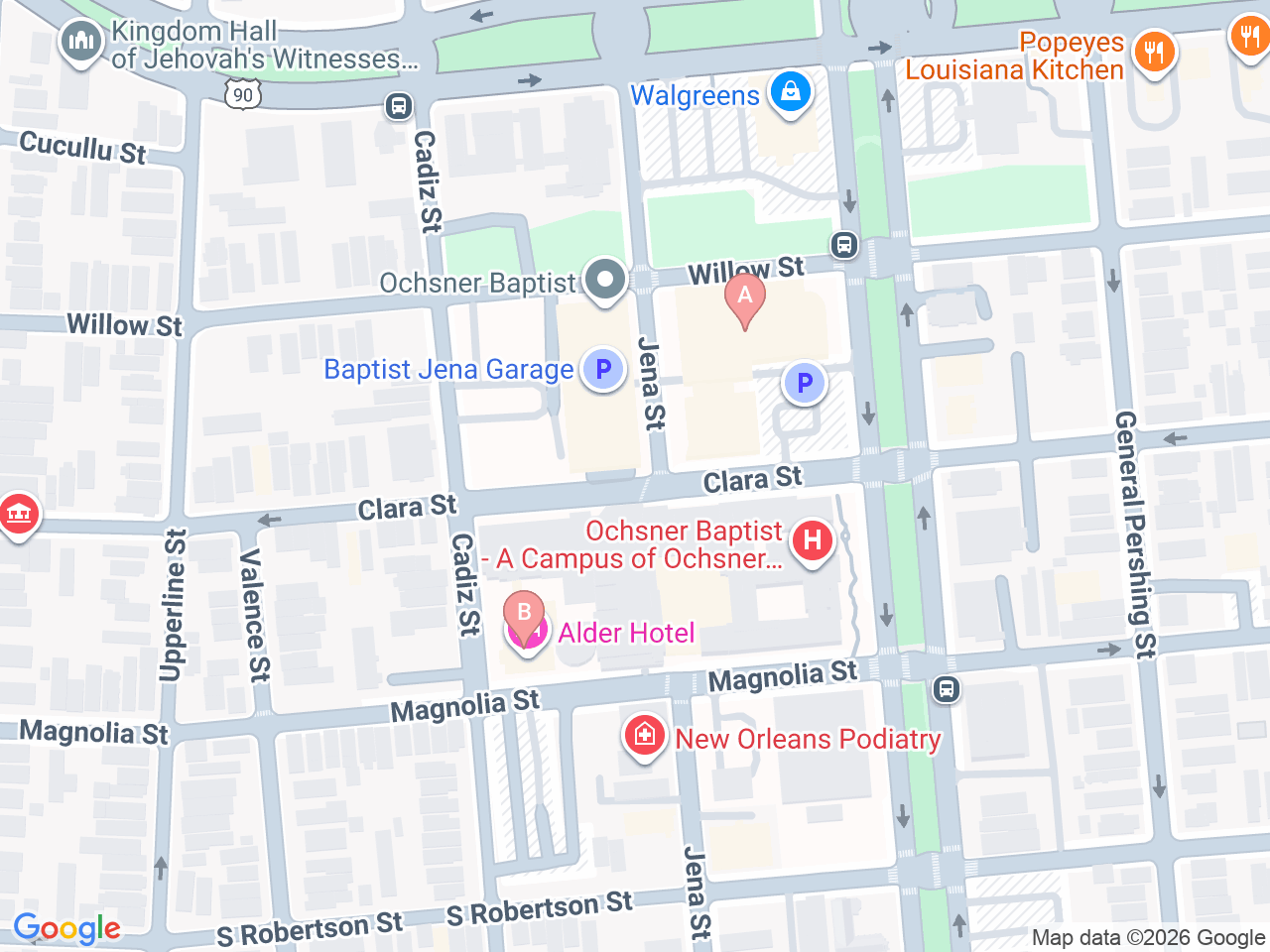 Map of Ochsner-affiliated facilities that provide services related to Women’s Cardiology Care